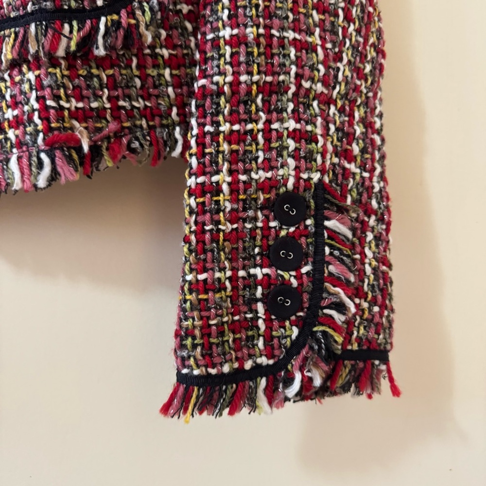 Olivaceous Red Tweed Fringe Trim Blazer - Picture 4 of 7